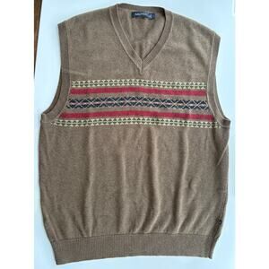 Nautica Sweater Vest Mens L Brown Wool Blend V-neck Fair Isle